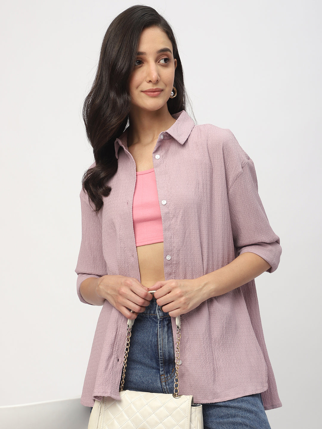 Lilac Jacquard Crinkled Oversized Shirt