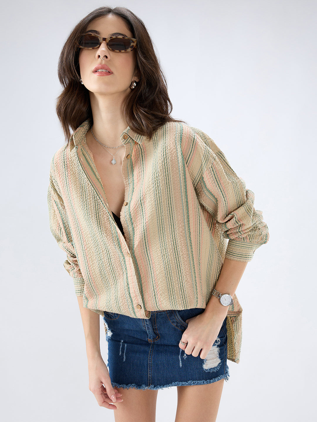 Multicolor Striped Seersucker Oversized Shirt