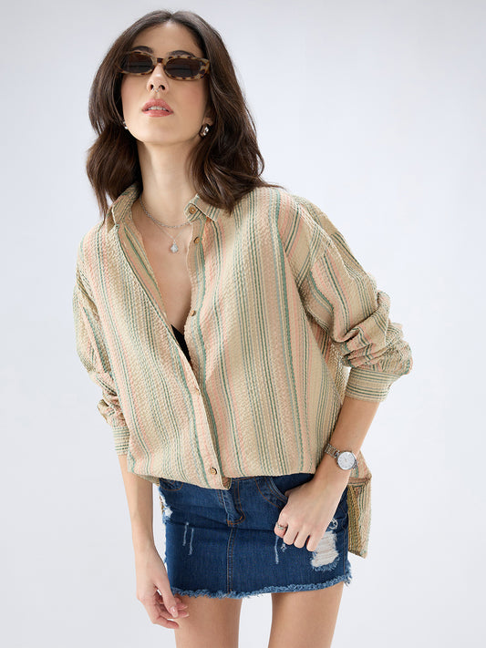 Multicolor Striped Seersucker Oversized Shirt