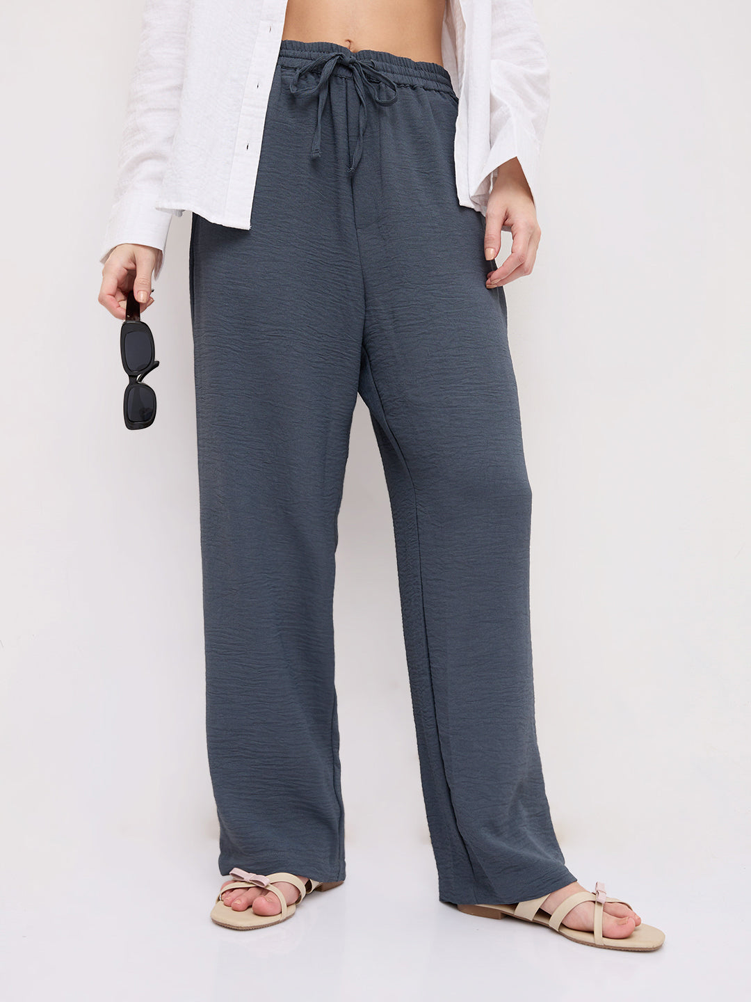 Plush Grey Crinkled Straight Fit Trousers