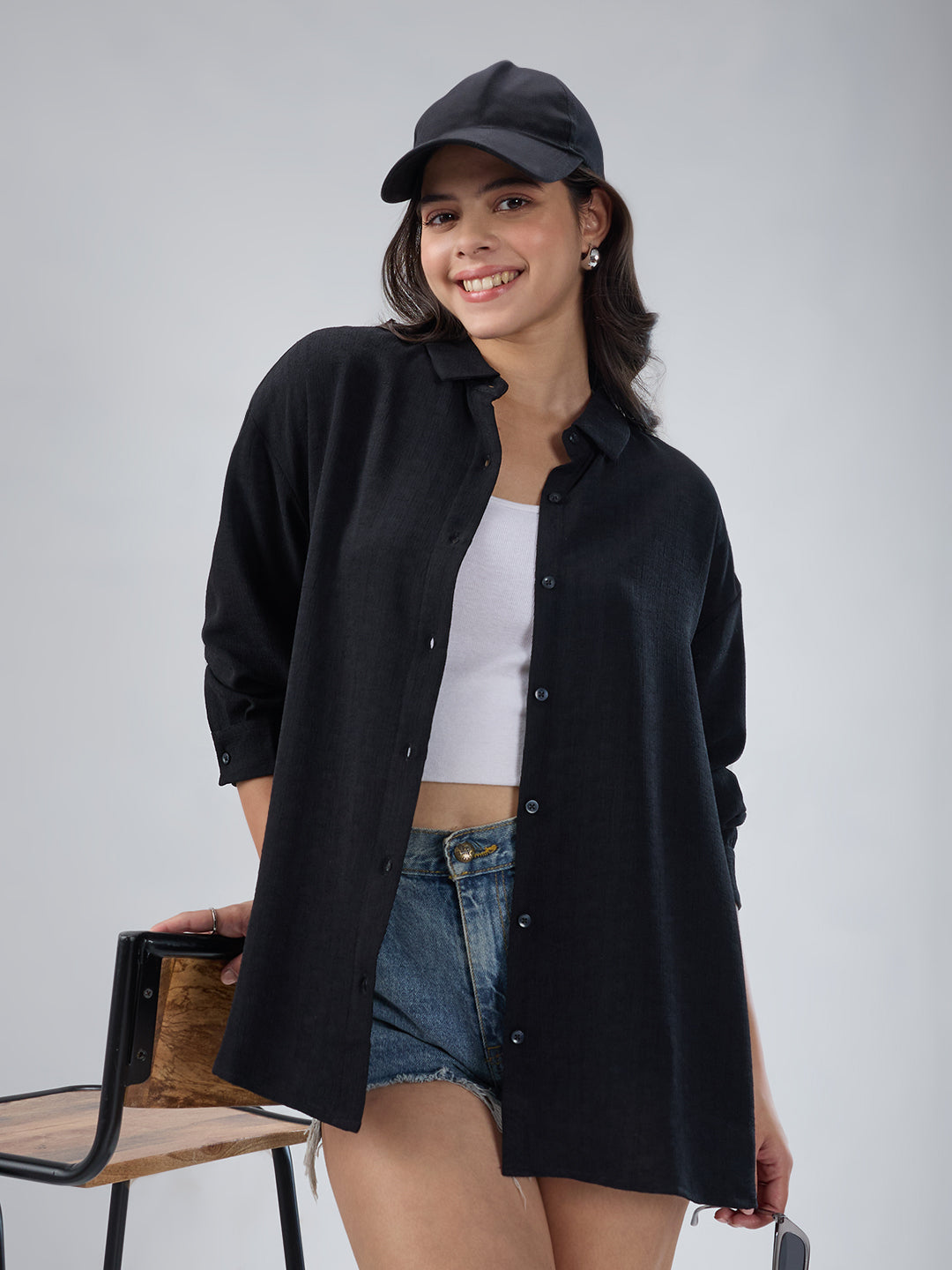 Classy Black Textured Oversized Shirt