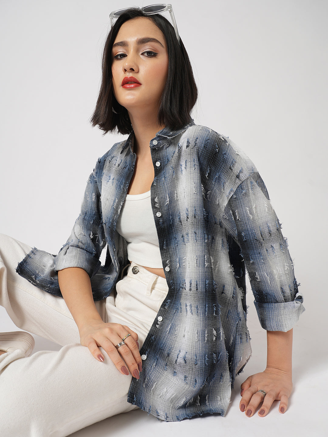 Blue & White Self Design Frayed Oversized Shirt