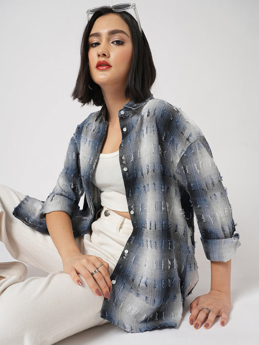 Blue & White Self Design Frayed Oversized Shirt