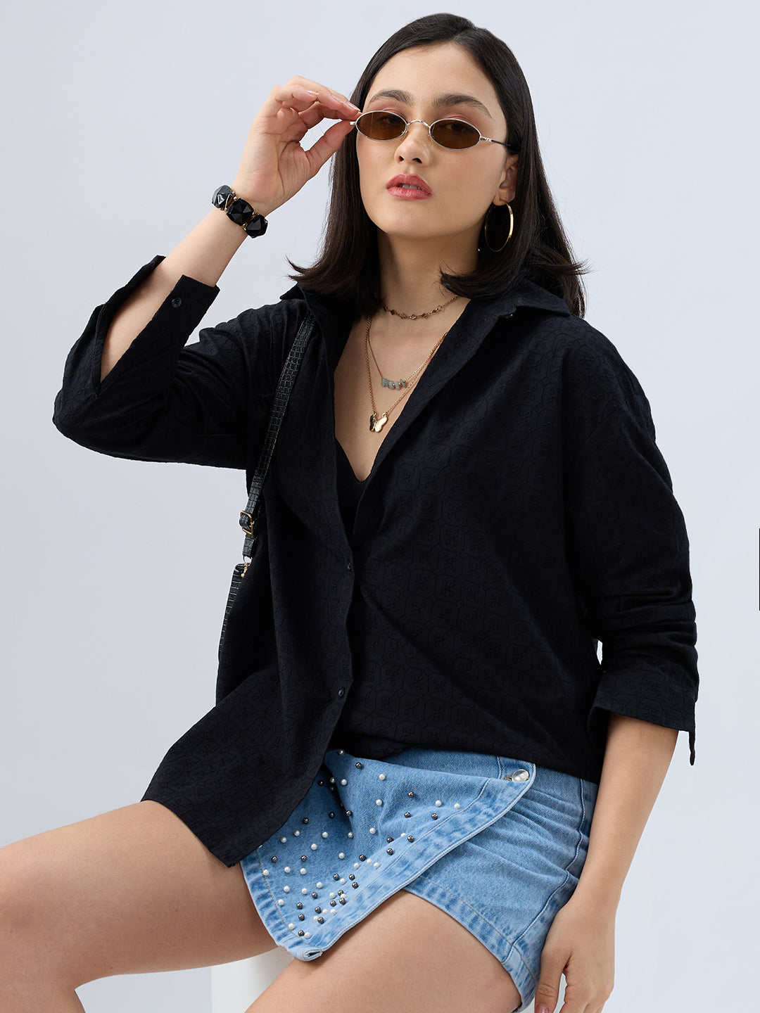 Deep Black Embroidered Oversized Shirt
