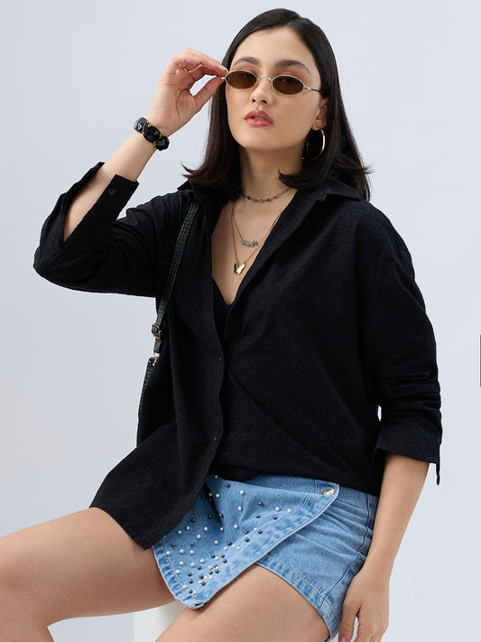 Deep Black Embroidered Oversized Shirt