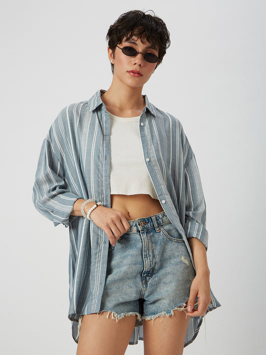 Blue & White Dobby Striped Oversized Shirt