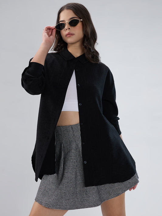 Black Slub Textured Oversized Shirt