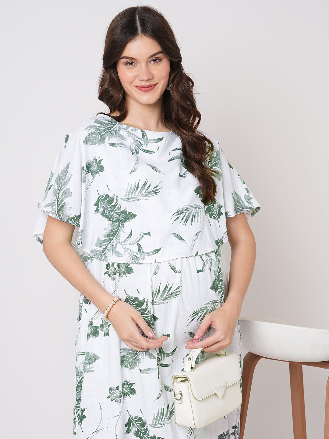 White & Olive Tropical Printed Maternity Dress