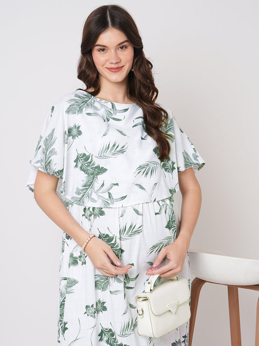 White & Olive Tropical Printed Maternity Dress