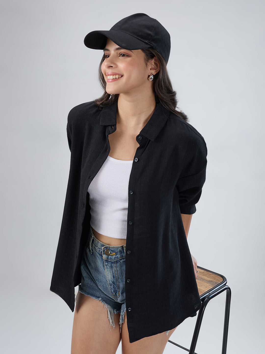 Classy Black Textured Oversized Shirt