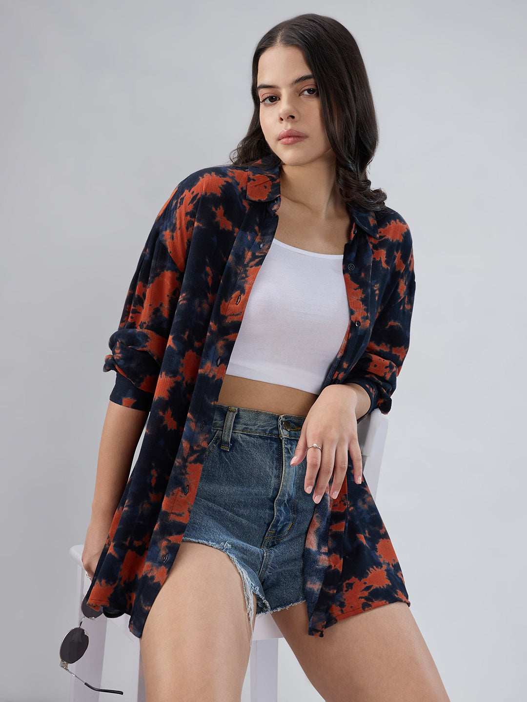 Black & Tangerine Tie- Dye Oversized Crepe Shirt