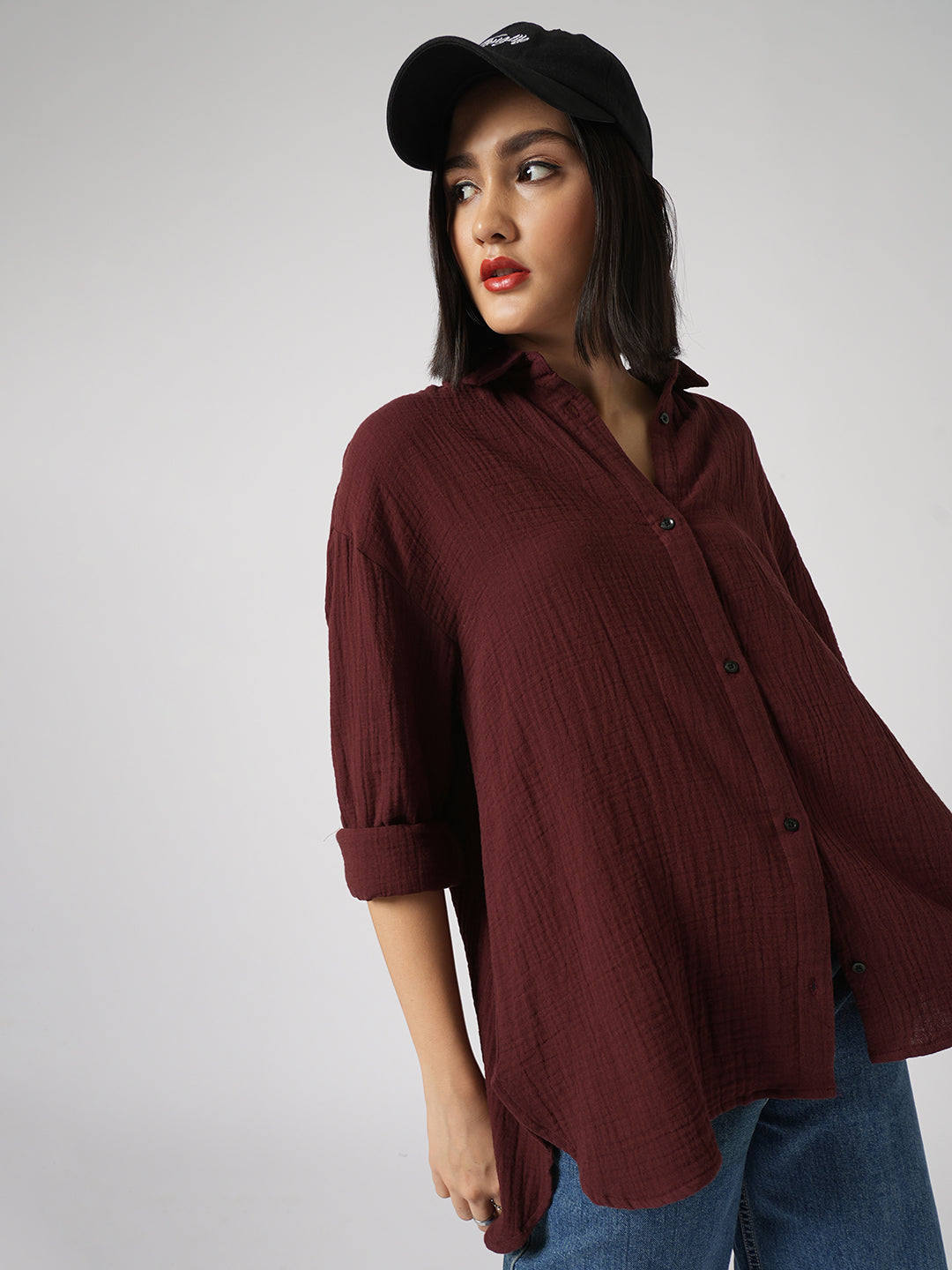 Solid Wine Double Cloth Oversized Shirt