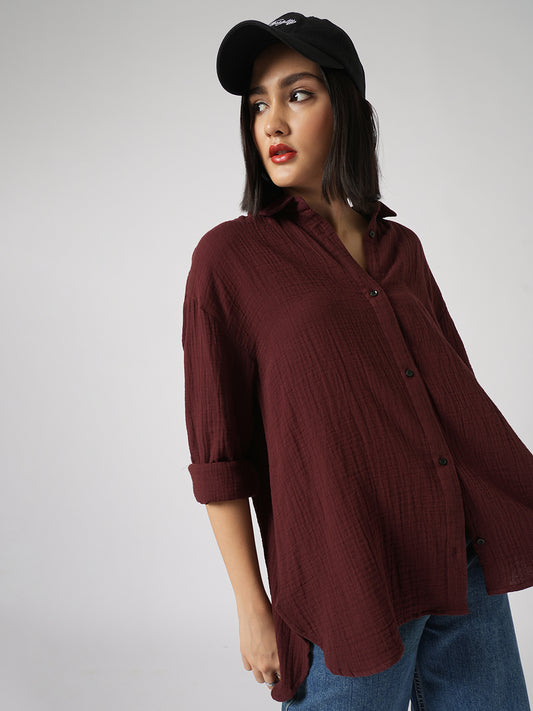 Solid Wine Double Cloth Oversized Shirt
