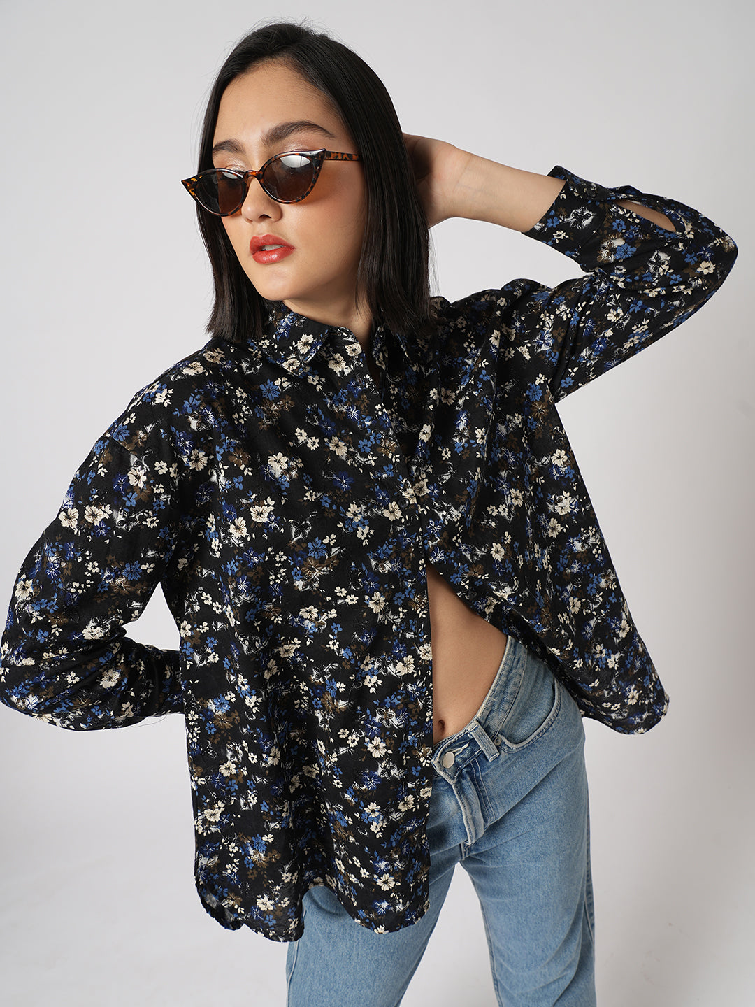 Midnight Bloom Floral Printed Oversized Shirt