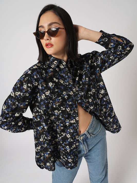 Midnight Bloom Floral Printed Oversized Shirt
