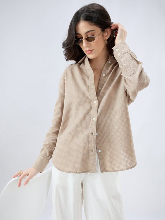 Fawn Beige Jacquard Weave Oversized Shirt
