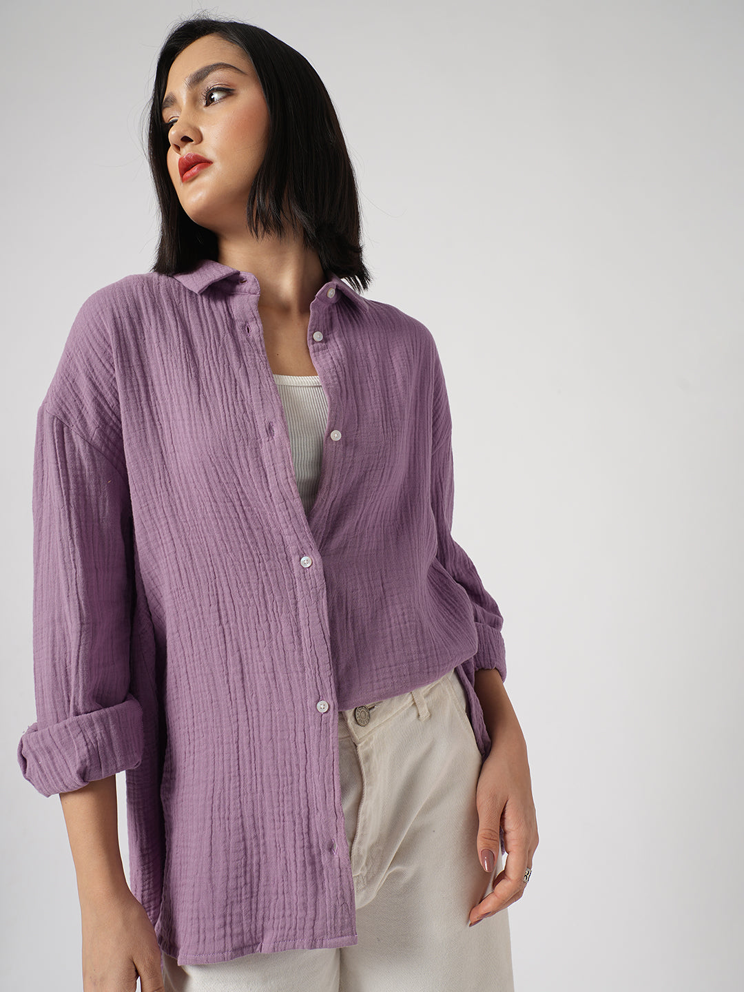 Solid Lavender Double Cloth Oversized Shirt