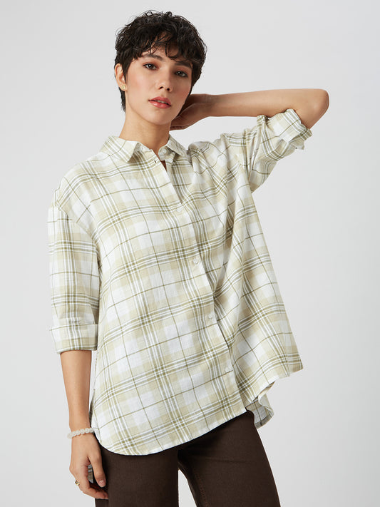 Beige & Olive Tartan Checked Oversized Shirt