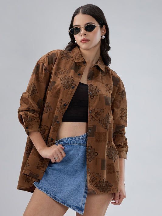 Brown Paisley Printed Corduroy Oversized Shirt
