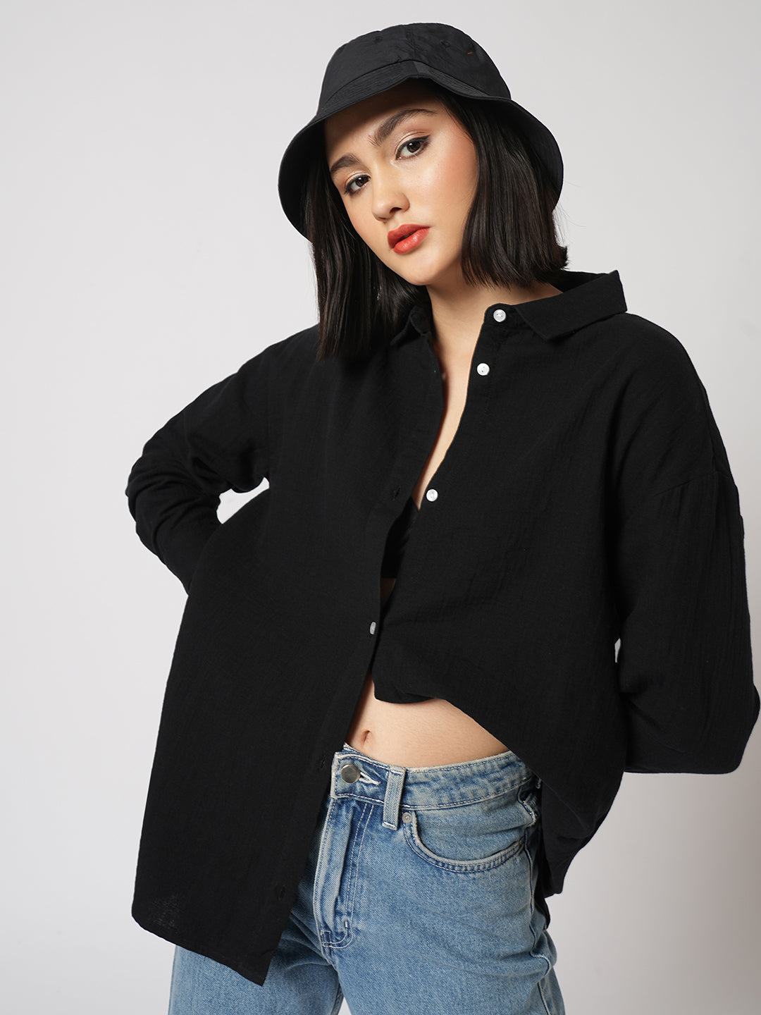 Midnight Black Double Cloth Oversized Shirt