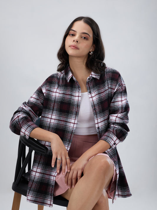 Maroon & White Checked Oversized Flannel Shirt