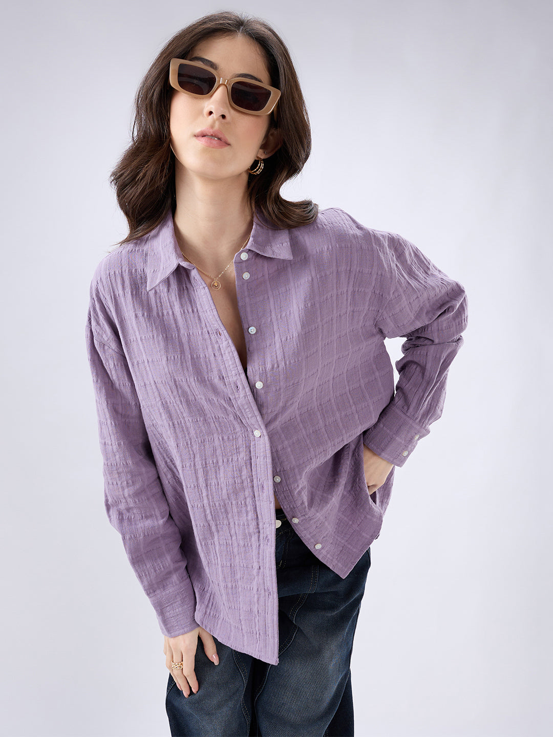 Lavender Seersucker Checked Doublecloth Oversized Shirt
