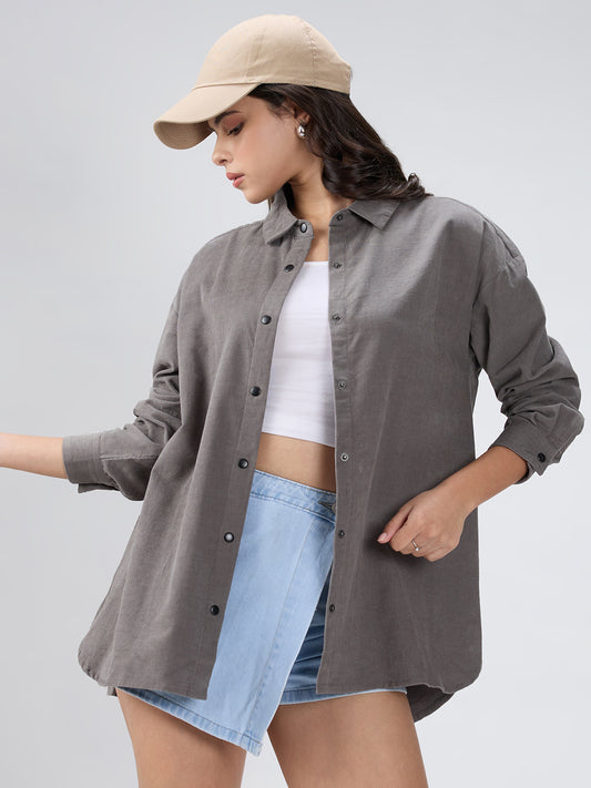 Solid Slate Grey Corduroy Oversized Shirt