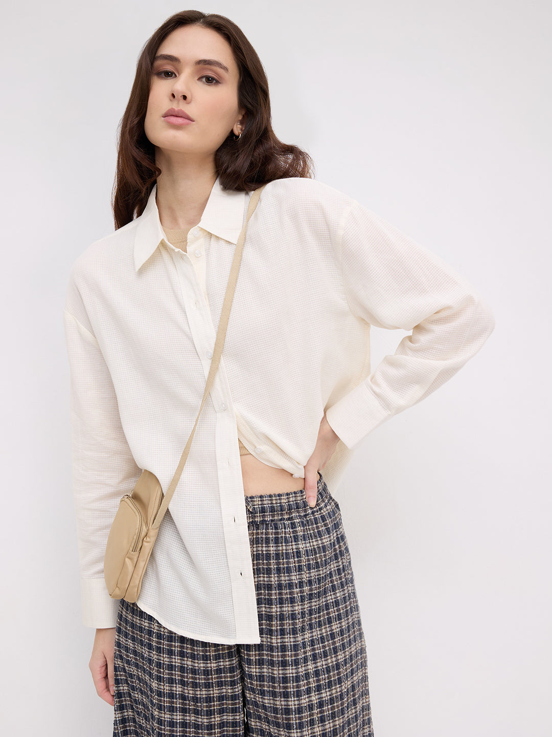 Off White Micro Checked Sheer Textured Oversized Shirt