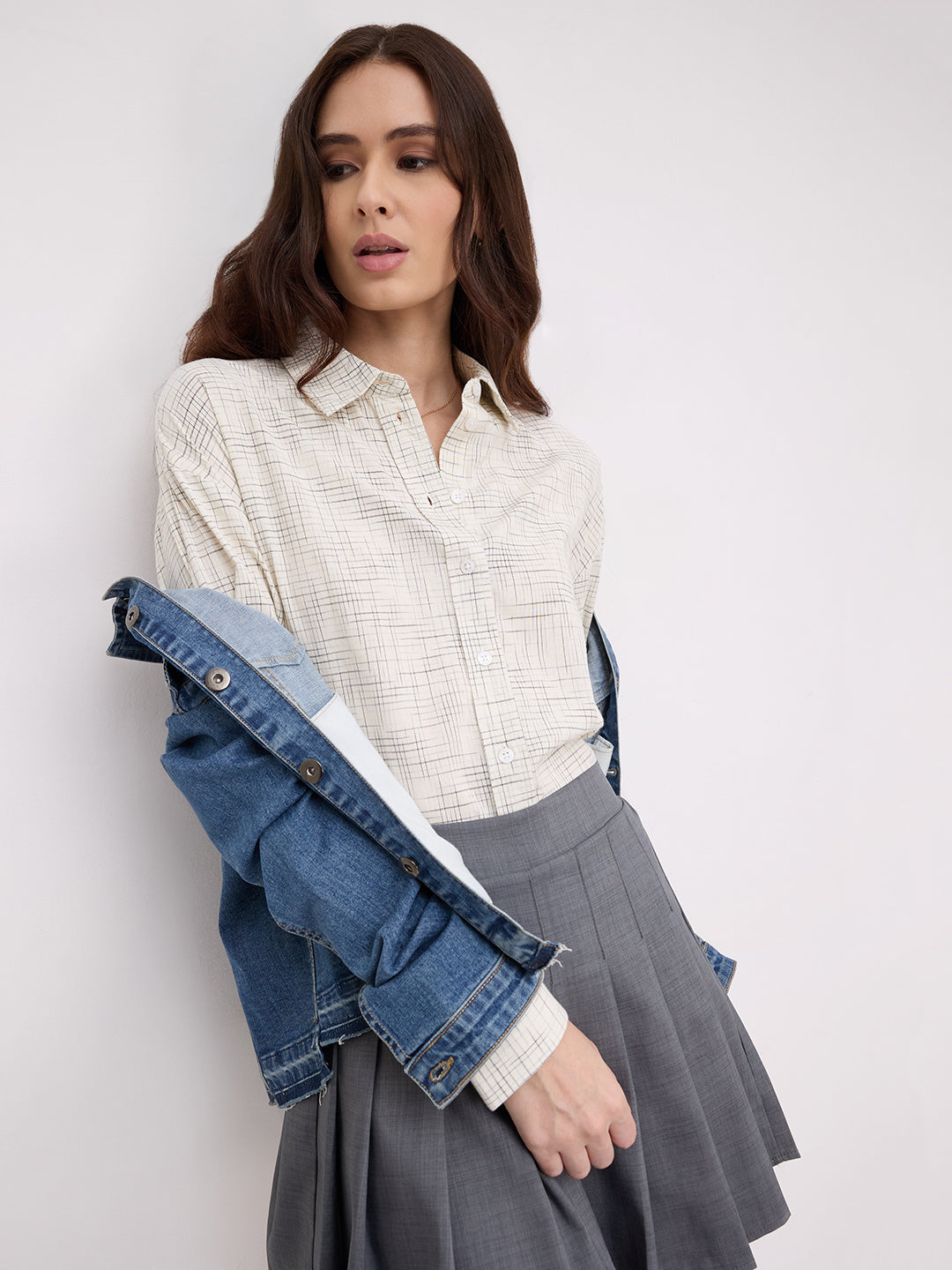 Multicolor Grid Line Printed Oversized Shirt