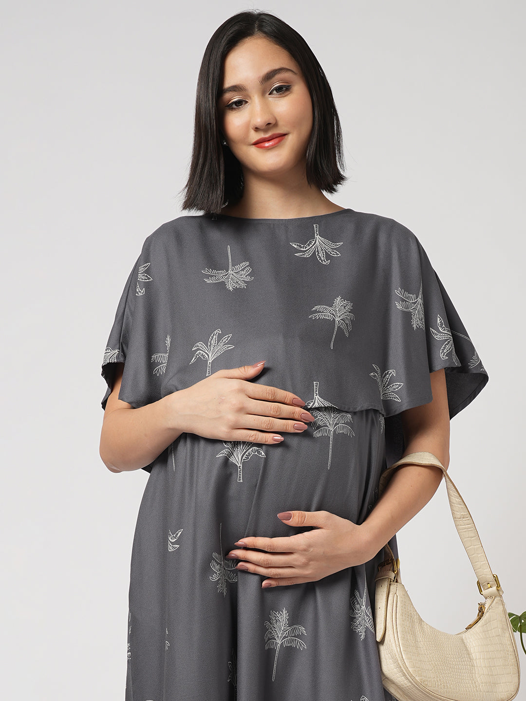 Slate Grey Palm Tree Printed Maternity Dress