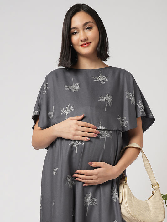 Slate Grey Palm Tree Printed Maternity Dress