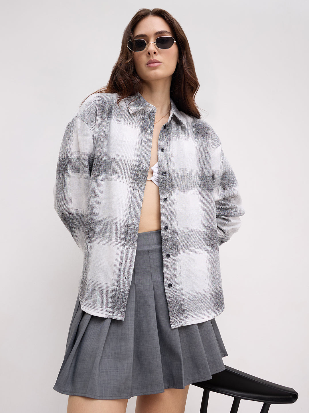 White & Black Fine Weave Broad Checked Oversized Flannel Shirt