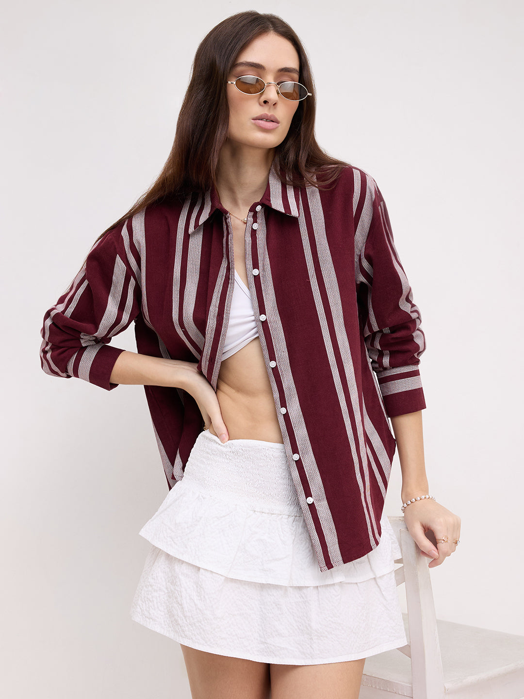 Crimpson Maroon Corduroy Striped Oversized Shirt