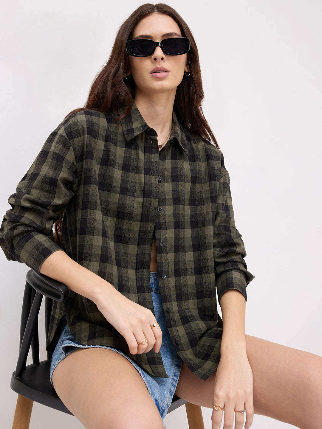 Olive & Black Tartan Checked Textured Oversized Shirt