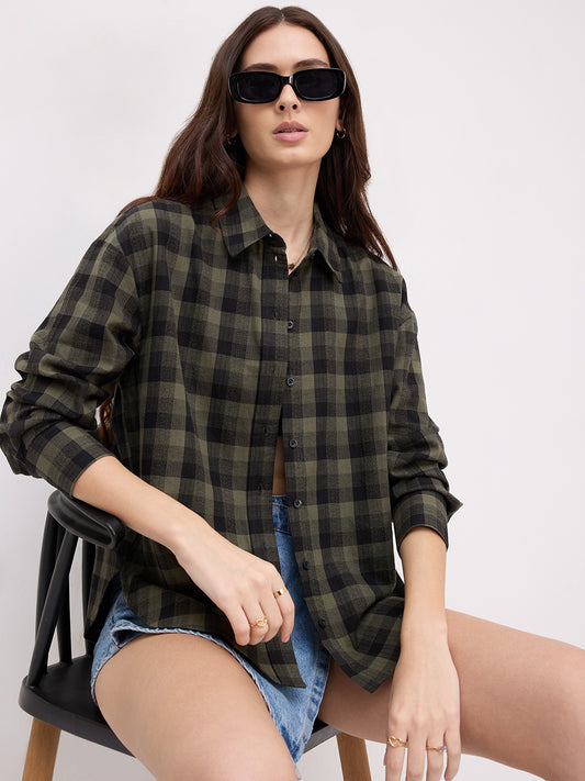 Olive & Black Tartan Checked Textured Oversized Shirt
