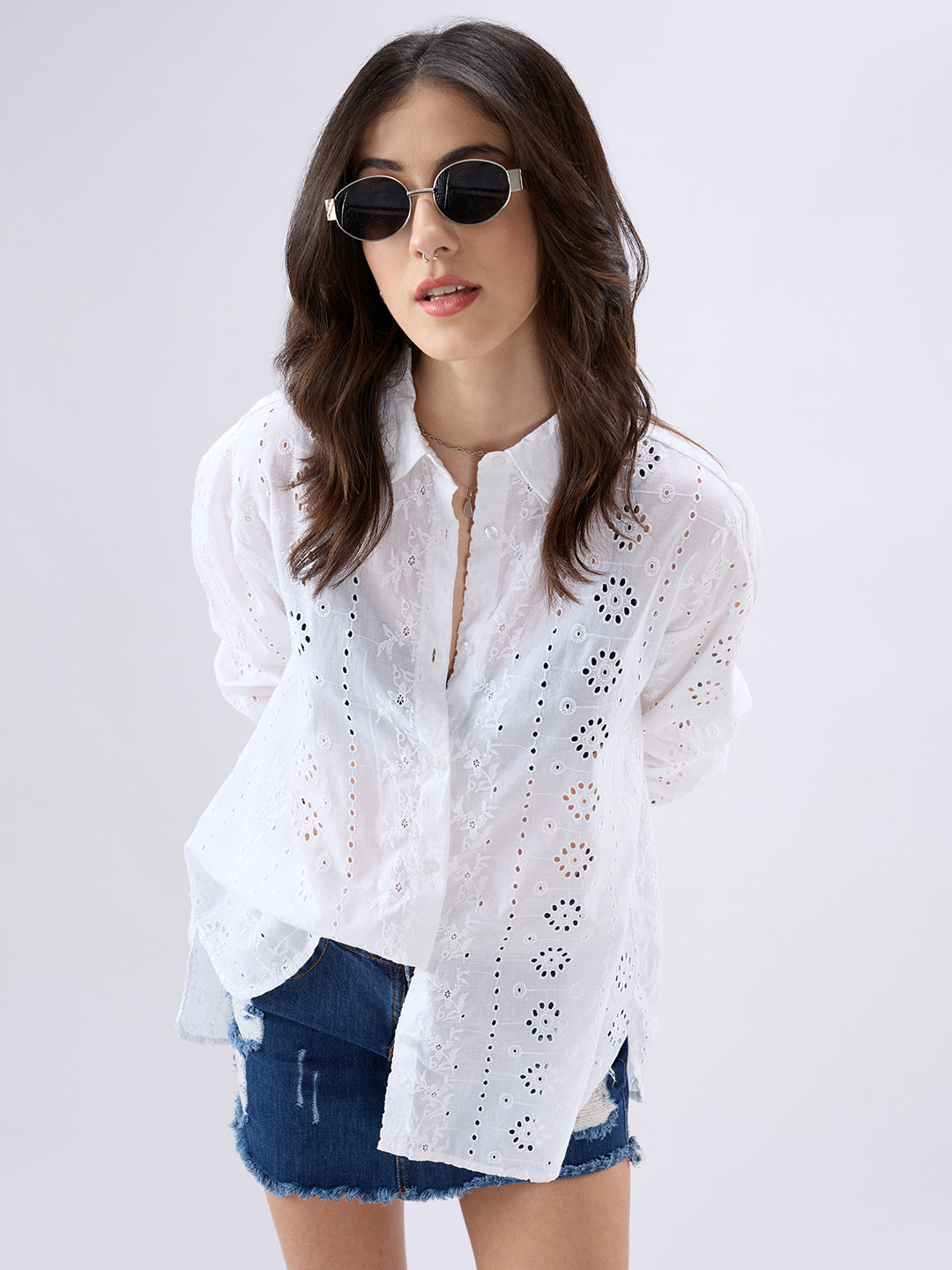 White Schiffli Oversized Shirt