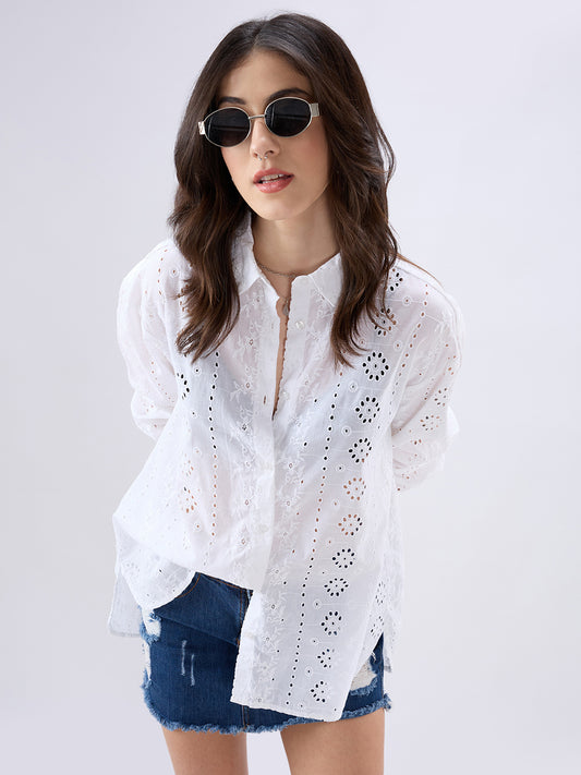 White Schiffli Oversized Shirt