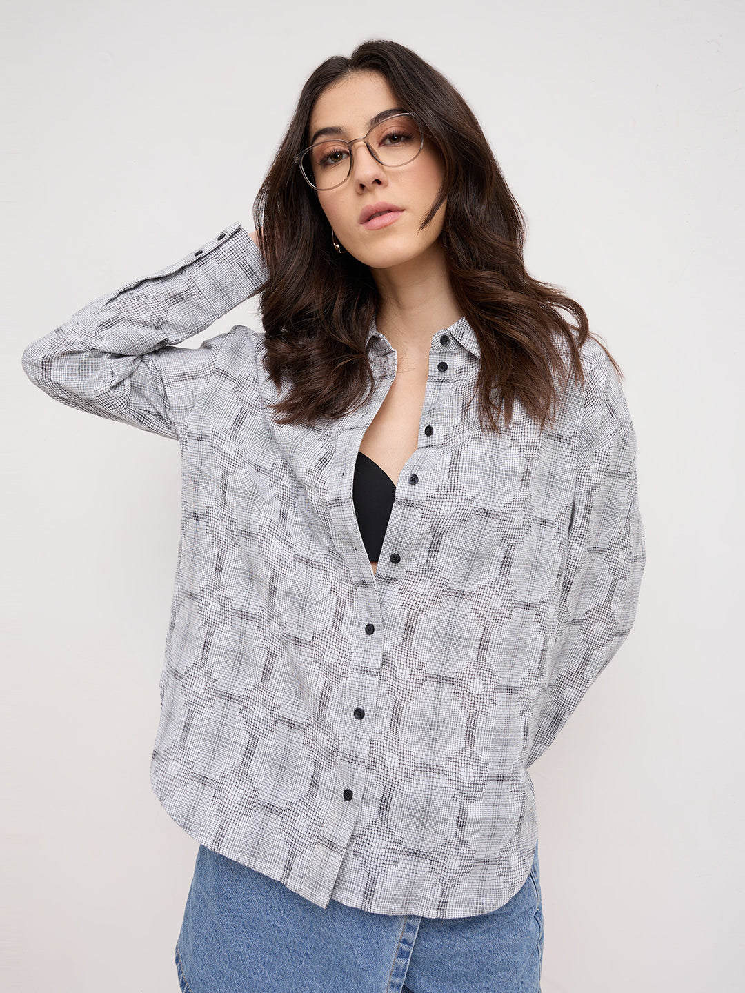 White & Black Gridlock Smokey Plaid Oversized Shirt