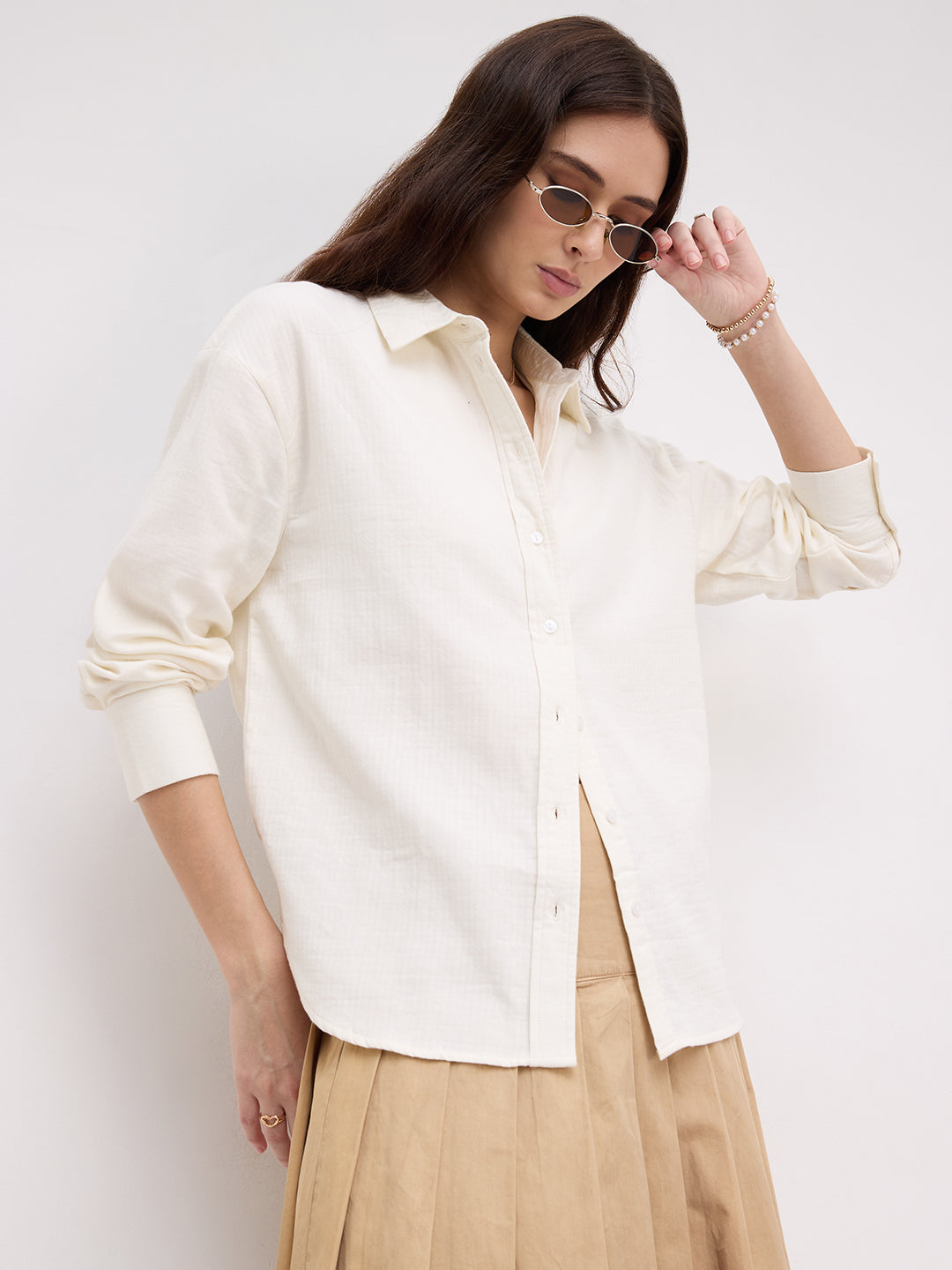 Pearl White Herringbone Textured Oversized Shirt
