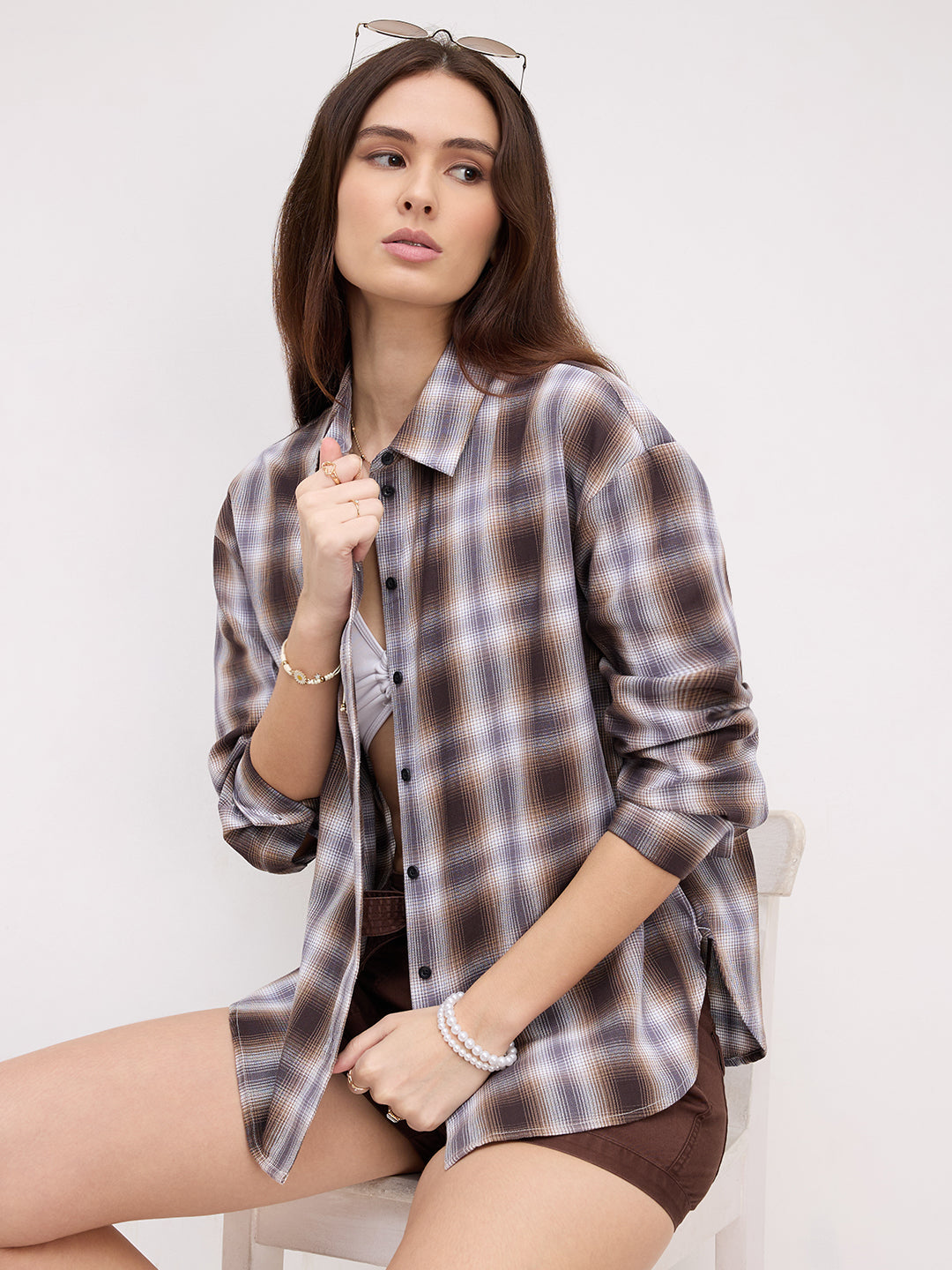 Mocha Horizon Checked Oversized Shirt