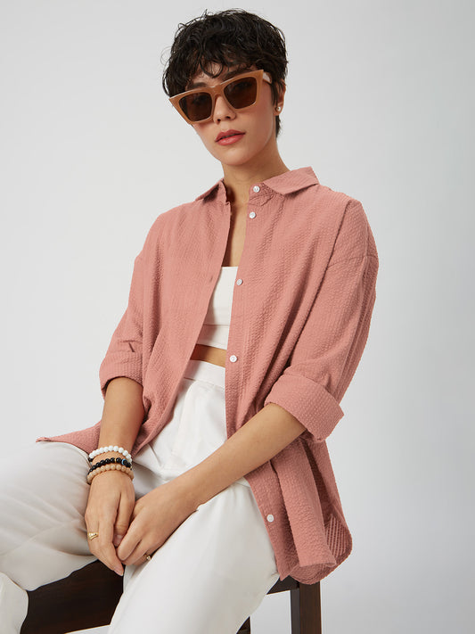 Coral Pink Seersucker Oversized Shirt
