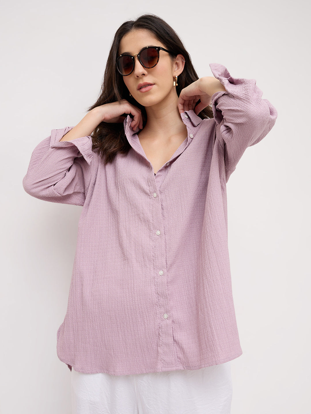 Lilac Textured Crinkled Oversized Shirt