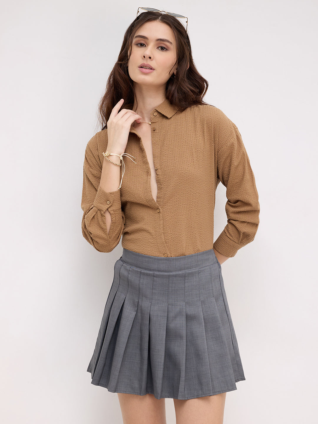 Tan Beige Seersucker Oversized Shirt
