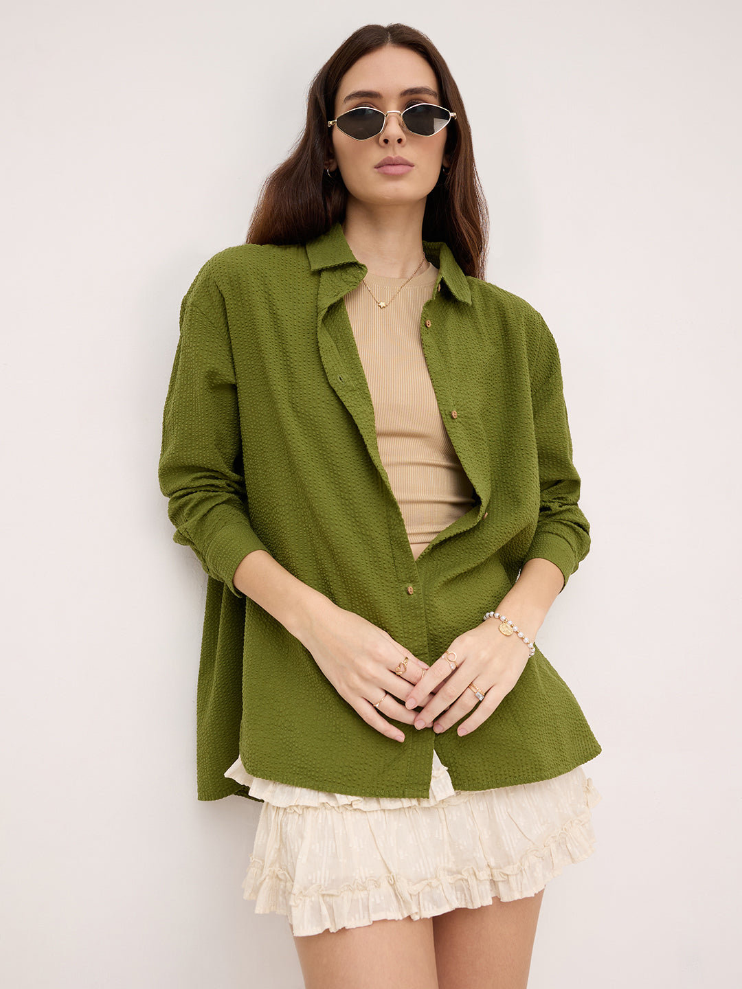 Olive Seersucker Oversized Shirt