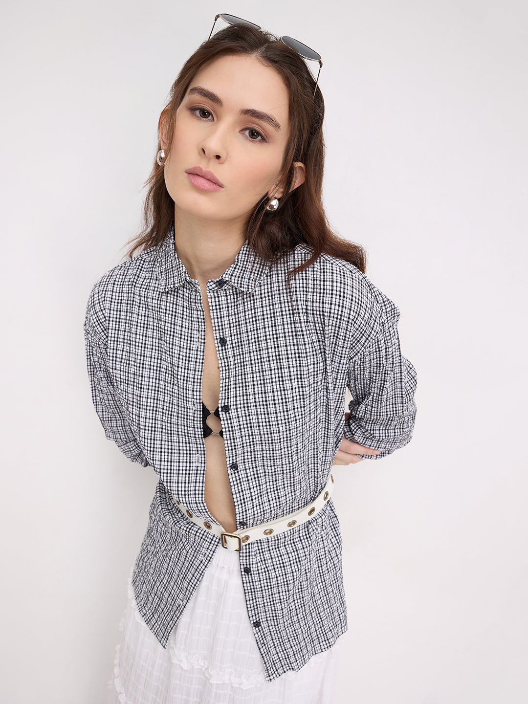 Black & White Tiny Checkered Seersucker Oversized Shirt