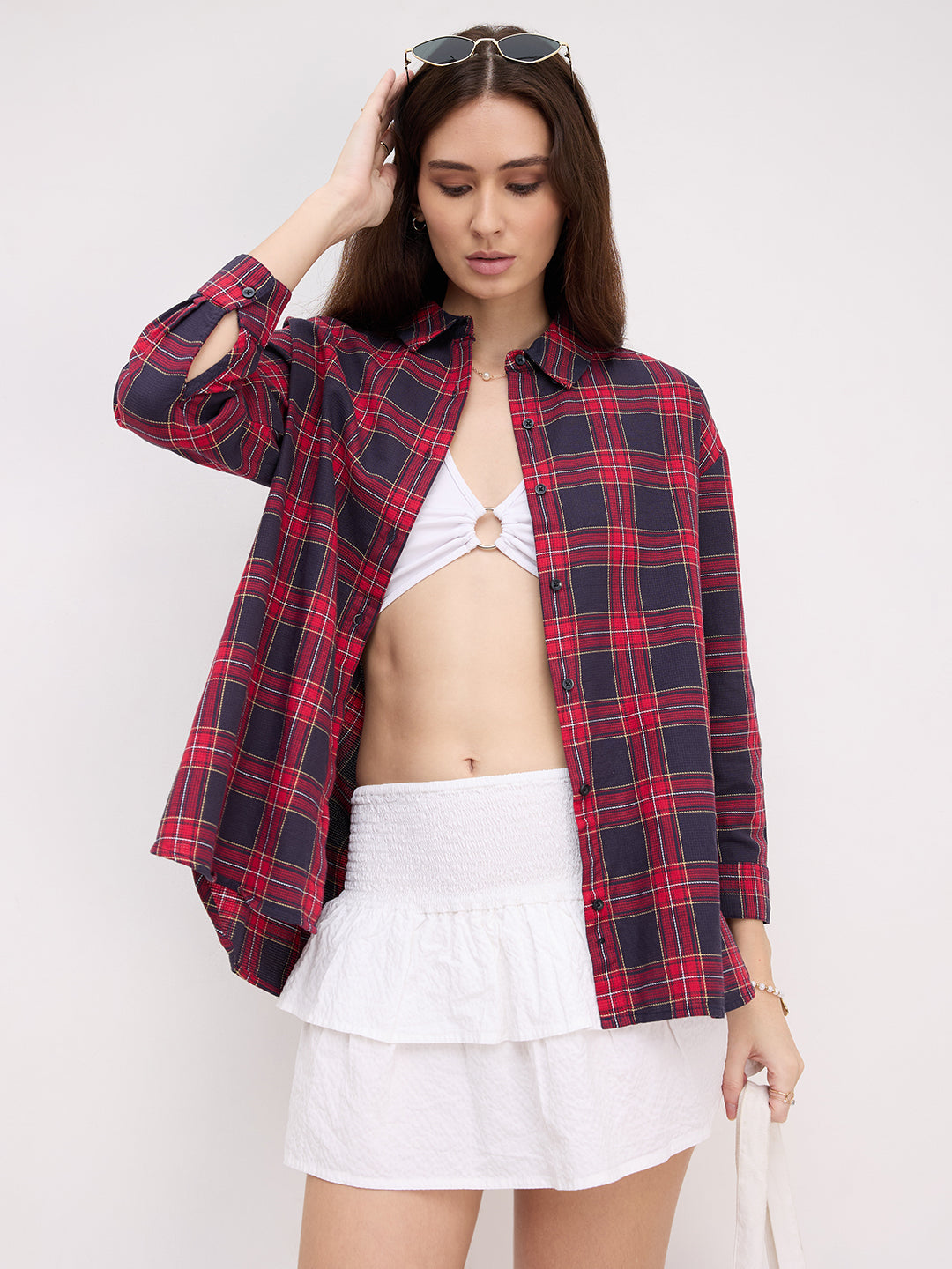 Red and Black Tartanique Checked Oversized Shirt