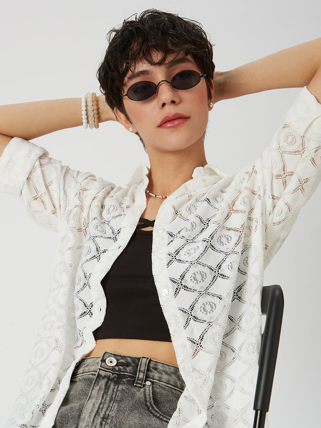 White Lace Crochet Oversized Shirt