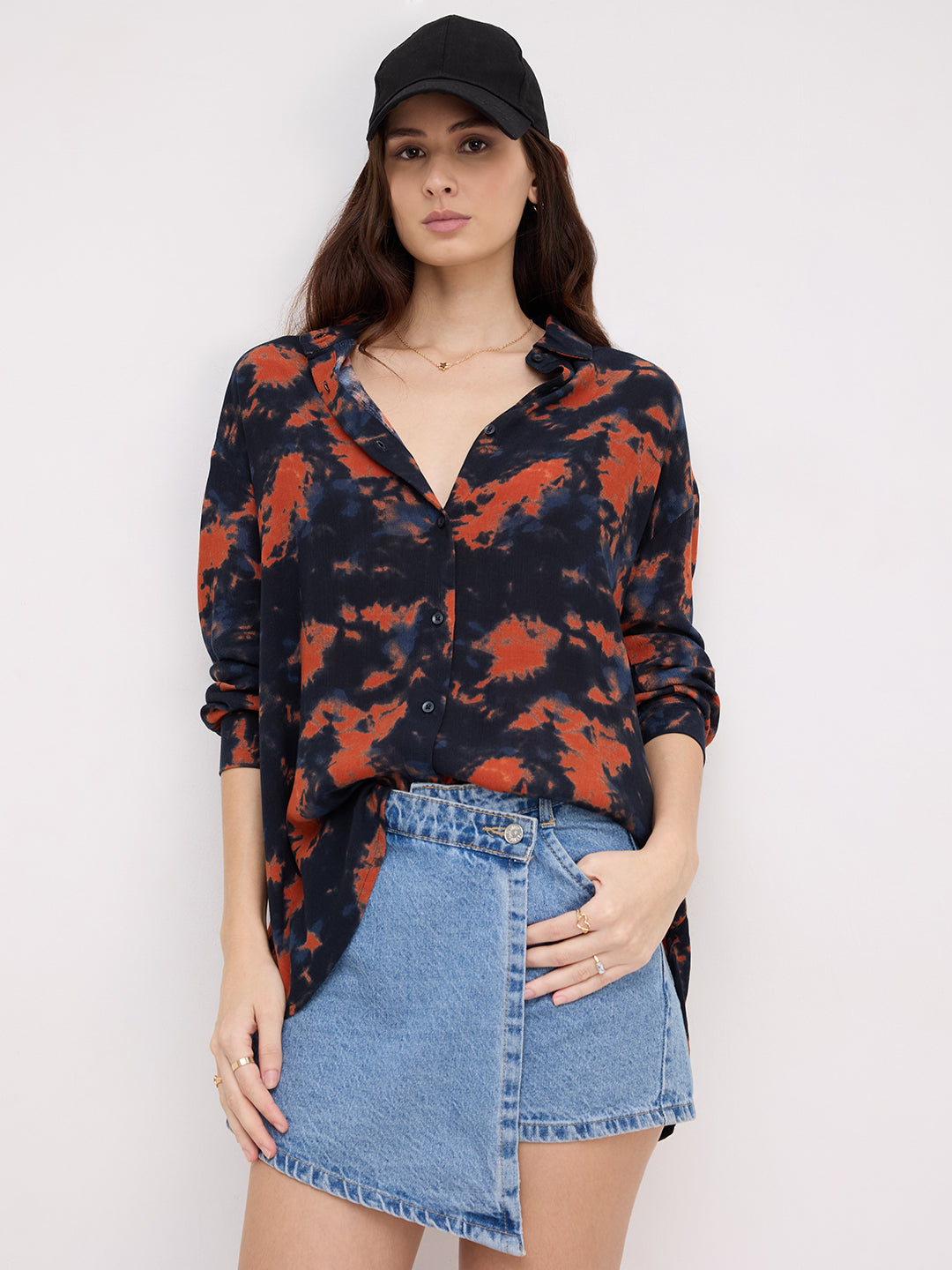 Black & Tangerine Tie- Dye Oversized Crepe Shirt
