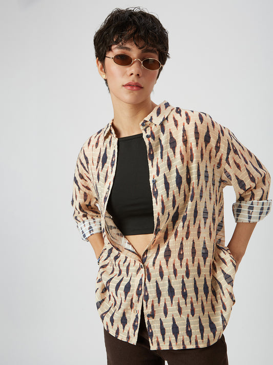 Beige & Black Abstract Printed Oversized Shirt