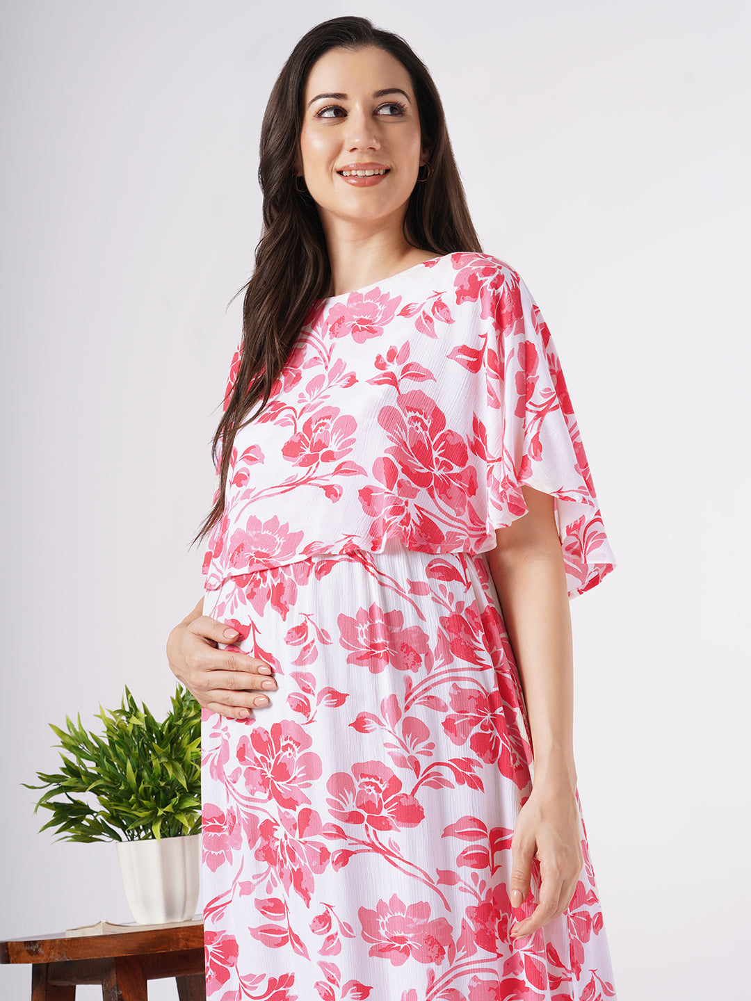White & Pink Serene Floral Printed Maternity Crepe Dress